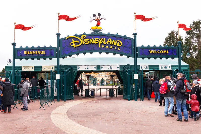 paris, france - january 12, 2015  main entrance (gate) to the disneyland paris disneyland is one of the most popular destinations in paris travel (vacation), entertainment, childhood concept france europe