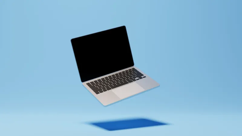 laptop computer mockup with black empty screen, aluminum body 3d render mock up of generic pc technology, communication, internet, digital creative design for advertisement, blue background