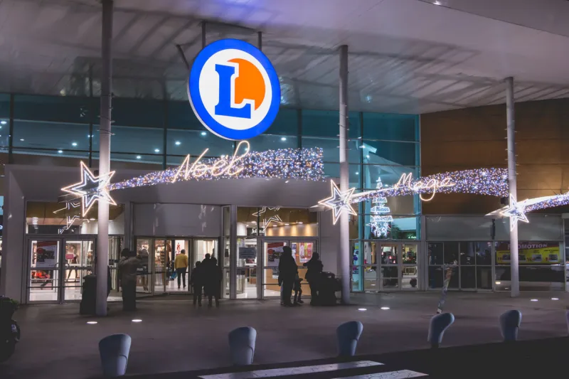 olonne sur mer  during the period of christmas and night, entrance of a store leclerc, one of the biggest chain of supermarket in france