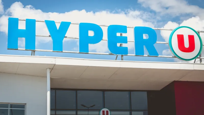 saint hilaire de riez, france - july 31, 2016  architectural detail of the facade of a hypermarket hyper u during the summer