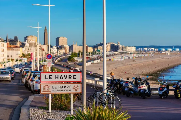 le havre, france - september 15, 2018  entrance sign to le havre, normandy, france since 2005 the downtown area of le havre has been declared an unesco world heritage site