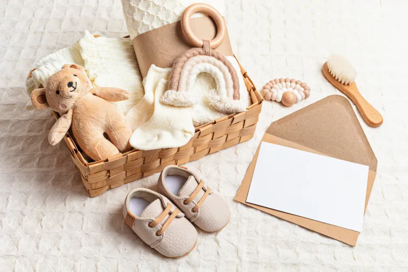 collection of cute organic baby clothes, shoes, toys and blanket heartwarming present for cold weather of fall and winter season newborn gifts for christmas and baby shower, donation idea
