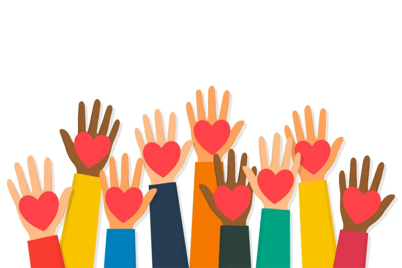 charity, volunteering and donating concept raised up human hands with red hearts children's hands are holding heart symbols vector
