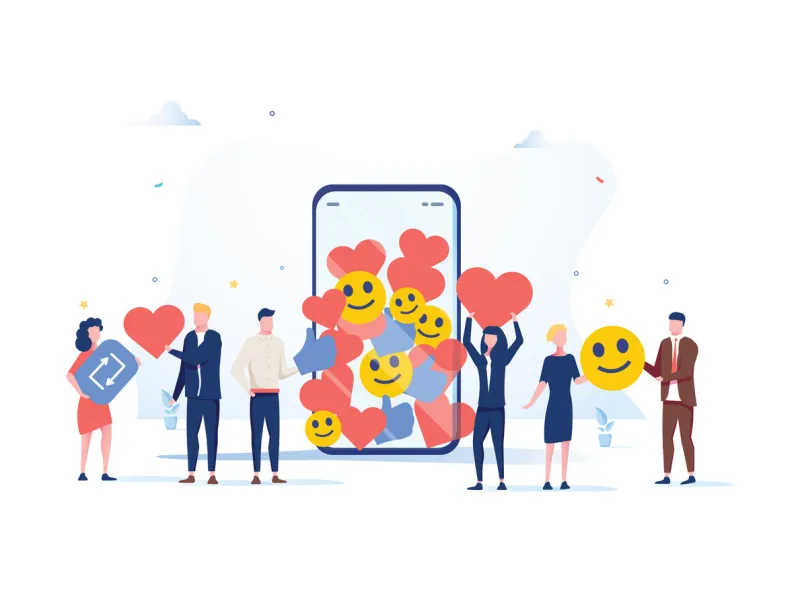 increase your social media followers with successful marketing strategies, people bringing likes and reactions to a social media profile on a smartphone smm digital business background for website