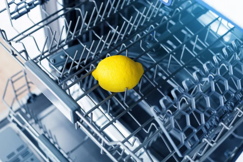 empty dishwasher with fresh yellow lemon on shelf, aroma freshness care concept, clean equipment, home appliance dishwashing machine in kitchen interior, no people