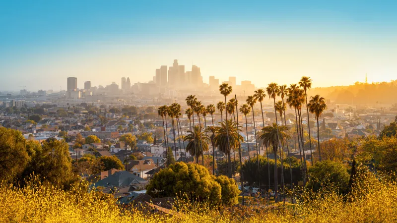 the skyline of los angeles during sunset
