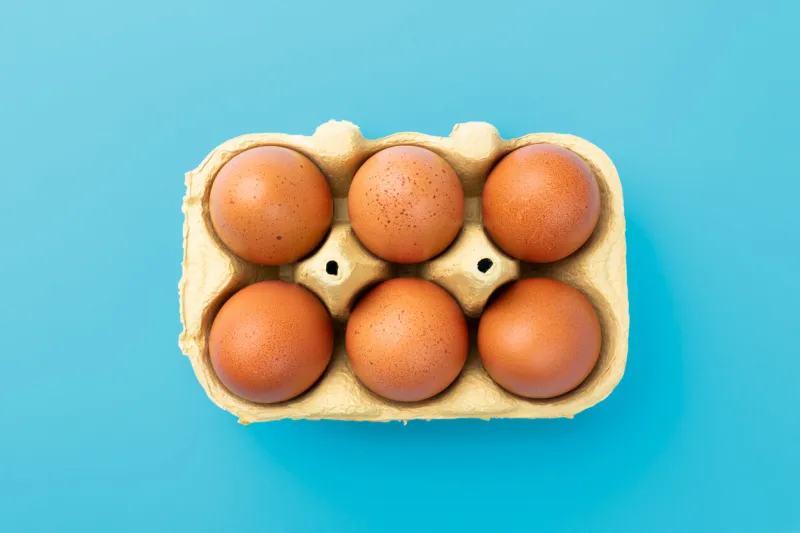 six brwon eggs in mould box on blue turquoise background, view from above