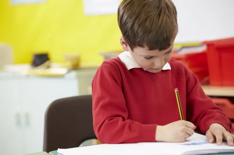 male pupil practising writing at table