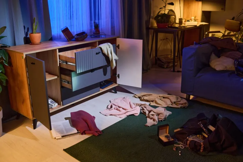 wooden opened dresser, clothes and mess on floor after break-in at late night