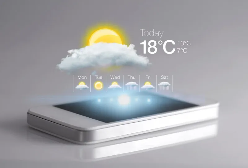 smartphone with weather icon on light grey background weather forecasting is the application of science and technology to predict the state of the atmosphere for a given location