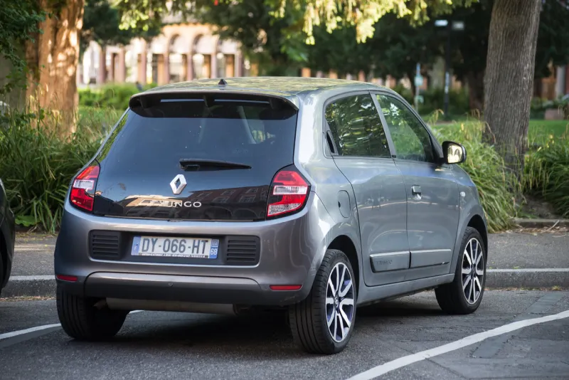 mulhouse - france - 27 may 2022 - rear view of grey new renault twingo parked in the street