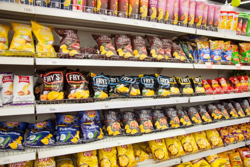 kaliningrad, russia - january 31, 2021  chips on supermarket shelves