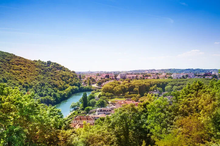 aerial view of besancon landscape with the doubs river in summer