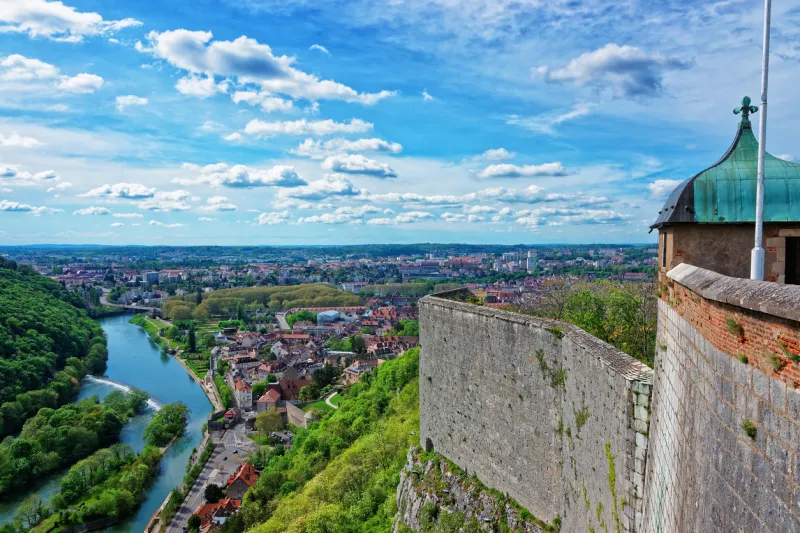 besancon, france - may 1, 2012  aerial view on the old city and tower of the citadel in besancon in bourgogne franche comte region in france