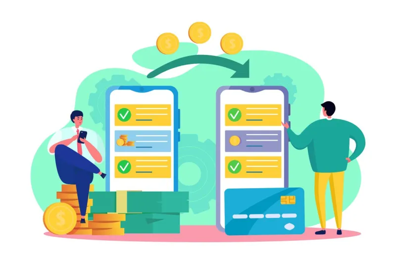 online money transfer vector illustration cartoon flat tiny friend man character transferring, send out transaction coin of electronic wallet, using app smartphone internet banking isolated on white