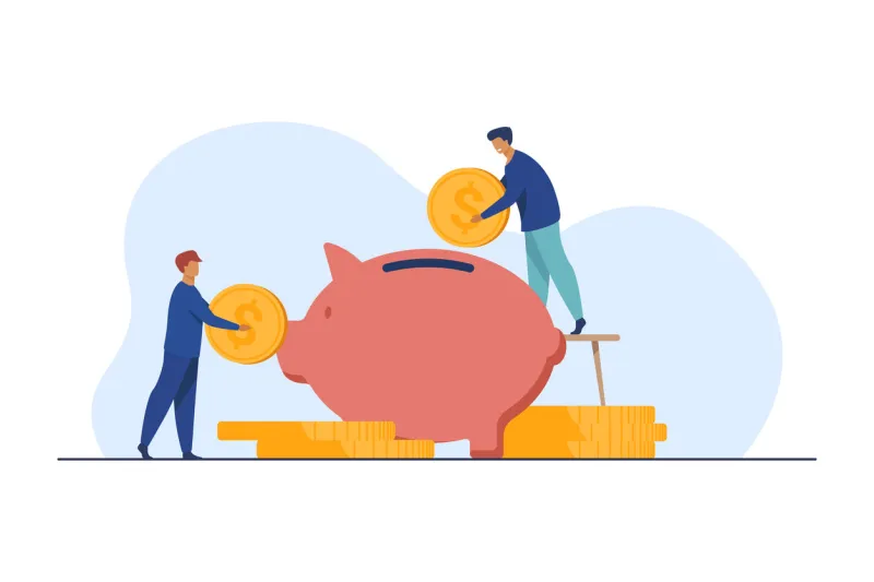 two investors putting coins in piggybank bank, money, income flat vector illustration finance and investment concept for banner, website design or landing web page