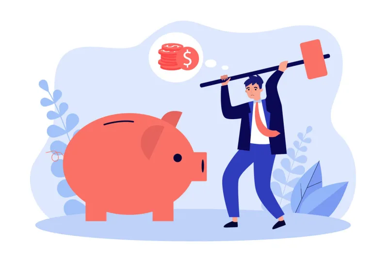 businessman breaking piggy bank with hammer poor sad tiny man in need of money flat vector illustration poverty, inflation, financial crisis concept for banner, website design or landing web page