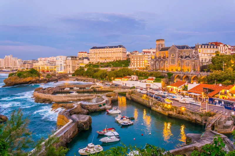 sunset view of marina in biarritz, france