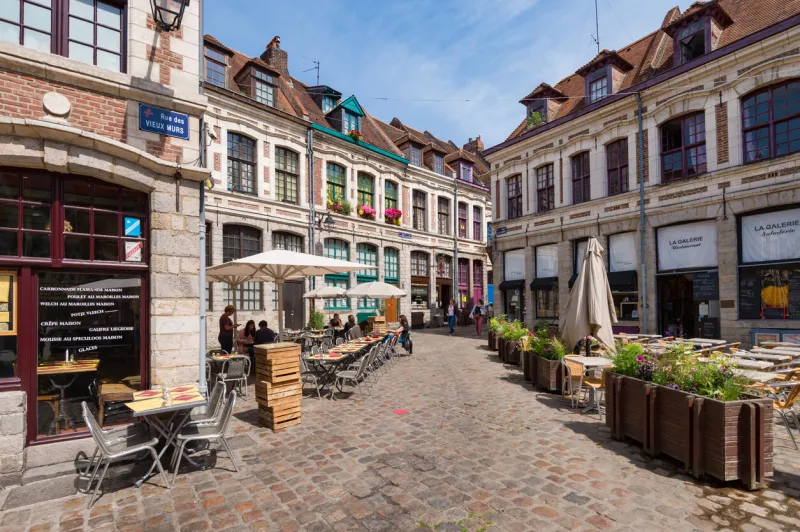 lille, france - 15 june 2018  paved square place des oignons, located in the historical neighbourhood vieux lille