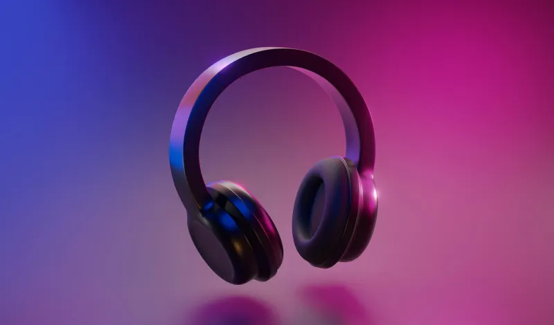 headphones floating on isolated neon background wireless headphones concept earphones device