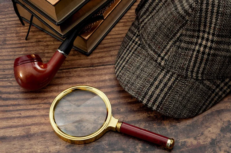 literary fiction, police inspector, investigate crime and mystery story conceptual idea with sherlock holmes detective hat, smoking pipe, retro magnifying glass and book isolated on wood table top