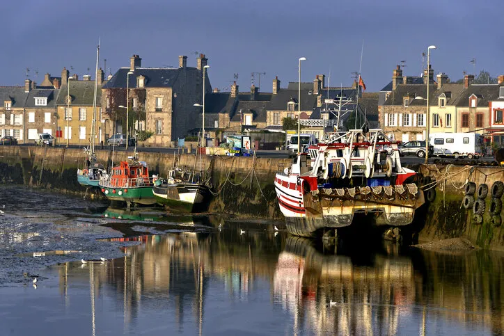 fishing port of barfleur at low tide, a commune in the peninsula of cotentin in the manche department in lower normandy in north-western france