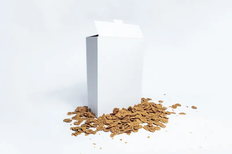 white generic cereal box, studio shot blank carton instant breakfast package on white background