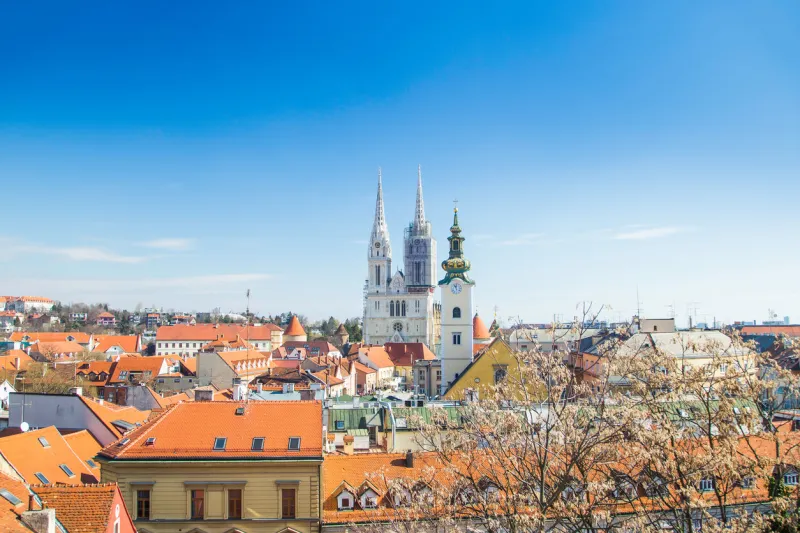 zagreb city skyline, catholic cathedral and red roofs in city center, view from upper town