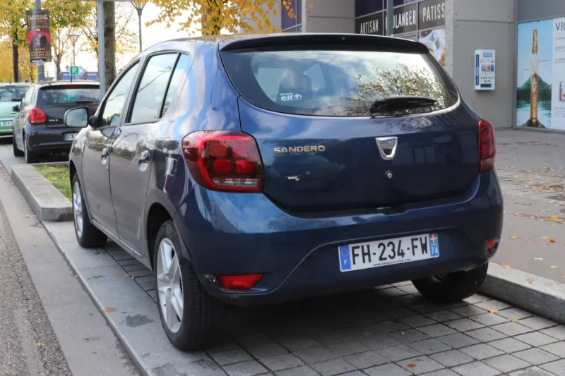 dacia sandero, blue 4-door sedan car, town of vaulx en velin, department of rôône, france