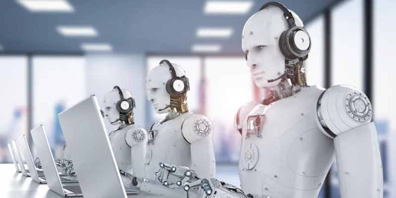 3d rendering humanoid robots working with headset and notebook