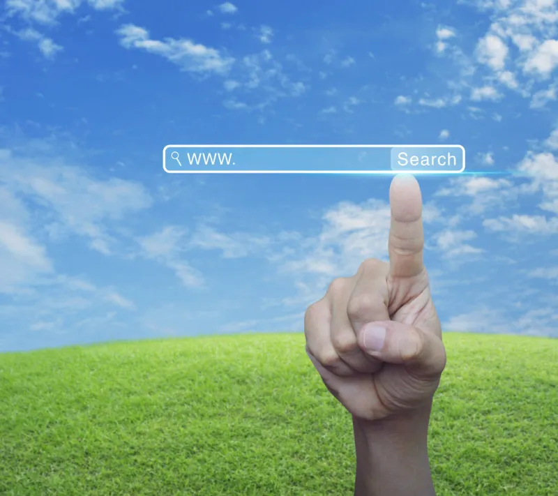 hand pressing search www button over green grass field with blue sky, business searching internet concept