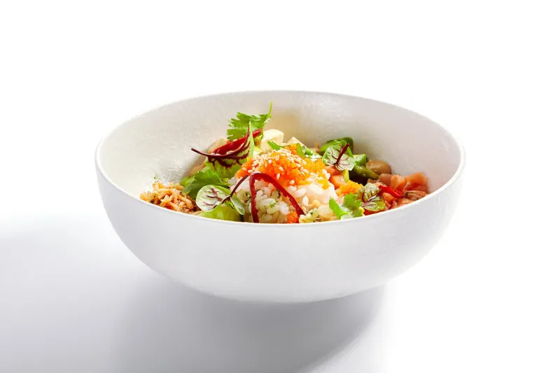 poke with salmon, cut avocado and tofu side view traditional hawaiian dish served with cheese delicious salad with rice, edamame and soybean native cuisine, exotic food composition