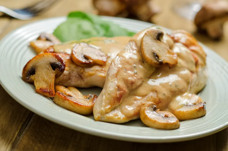 a delicious plate of boneless, skinless chicken breasts sauteed with white wine, basil and mushrooms