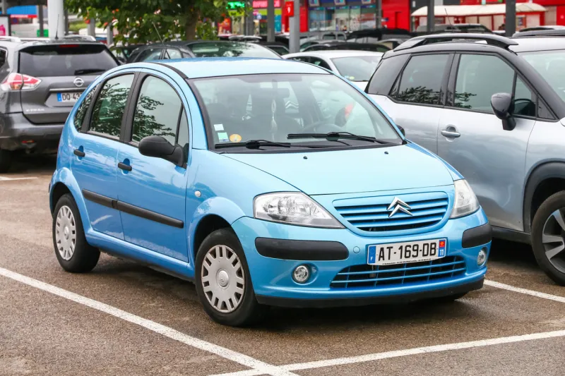 occitanie, france - september 10, 2019  cyan motor car citroen c3 in the city street
