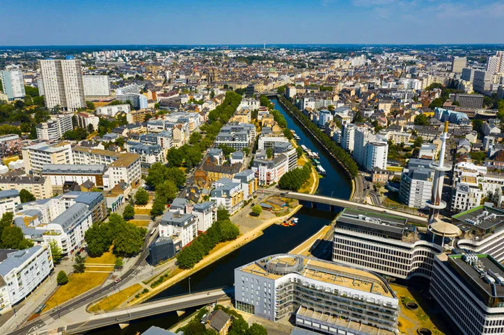 panoramic view of rennes city with modern apartment buildings , administrative center of brittany region, france