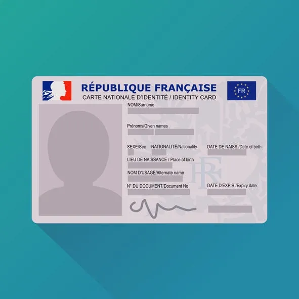 representation in flat design style of the 2021 version of the french identity card on a blue background