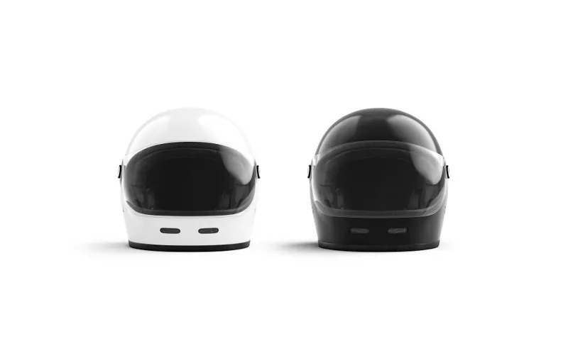 blank black and white motorcyclist helmet mockup set, front view, 3d rendering empty motorcycling or snowboard armor for face and head protect mock up, isolated clear helm for speed driver template