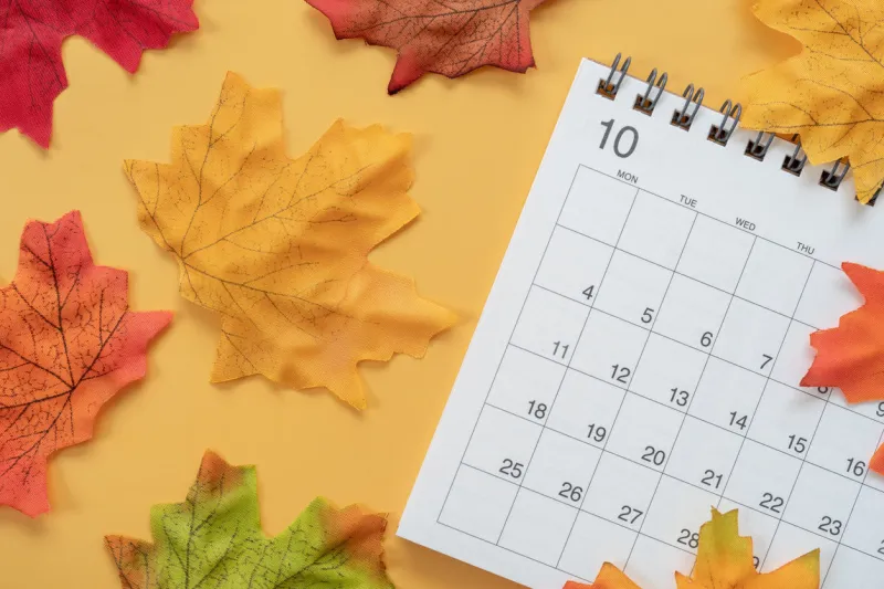 calendar of october 2021 and fallen leaves