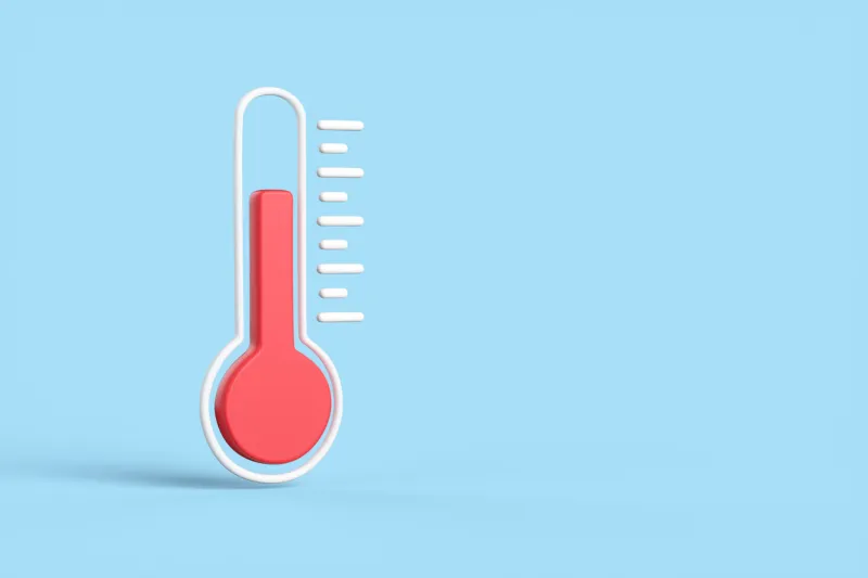 cartoon red thermometer isolated on blue background the concept of weather and increased temperature from a pandemic 3d render illustration