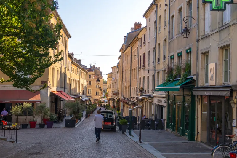 nancy, france - august 31, 2019  street view with stores, cafes and restaurants in the old town of nancy, lorraine, france