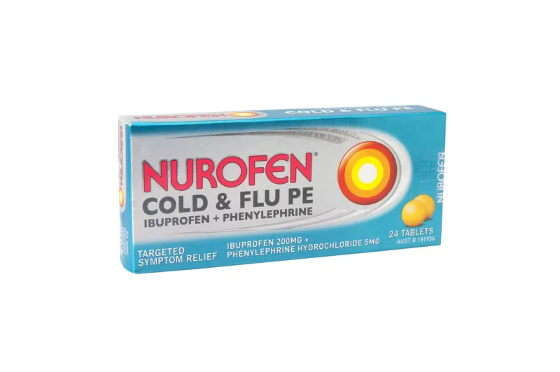 adelaide, australia - february 26, 2015  a studio shot of a box of nurofen cold & flu pean ibuprofen based tablet used for relieving symptoms of colds and flu