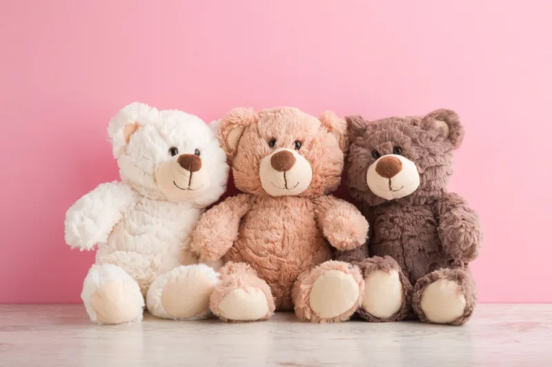 smiling white, light brown and dark brown teddy bears sitting on table at pink wall background pastel color togetherness and friendship concept front view closeup