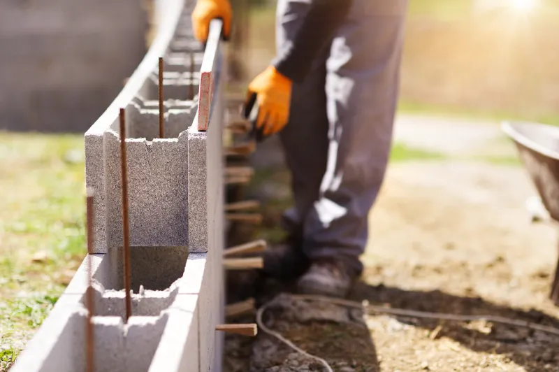 bricklayer putting down another row of bricks in site