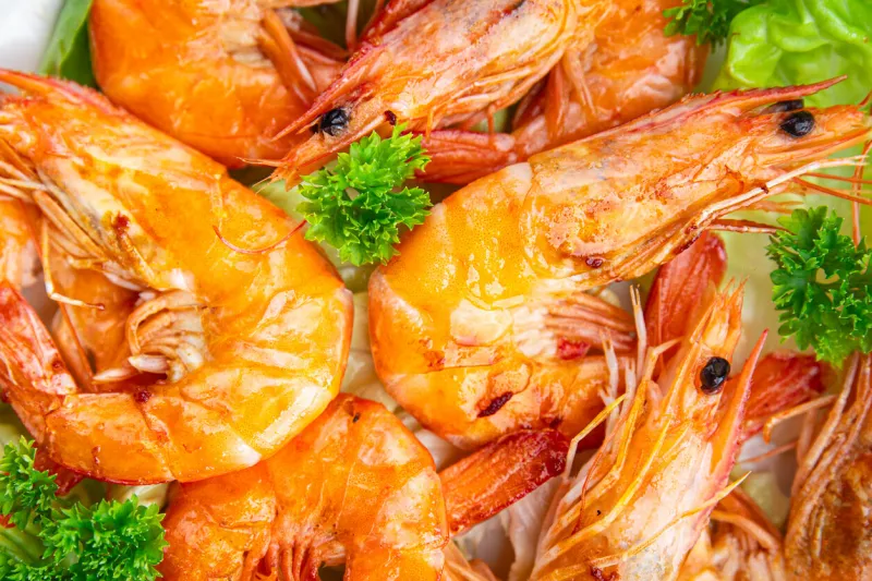 gambas prawn fresh shrimp seafood crustacean langoustine meal food snack on the table copy space food background rustic top view