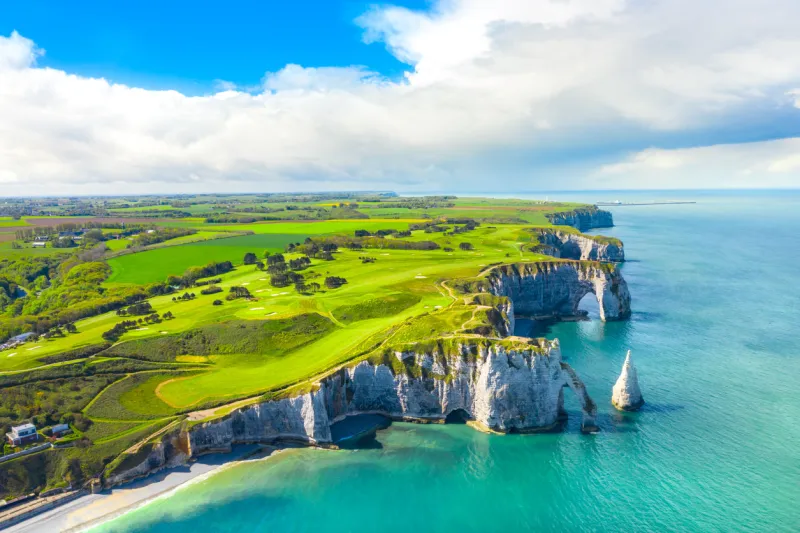 picturesque panoramic landscape on the cliffs of etretat natural amazing cliffs etretat, normandy, france, la manche or english channel coast of the pays de caux area in sunny summer day france