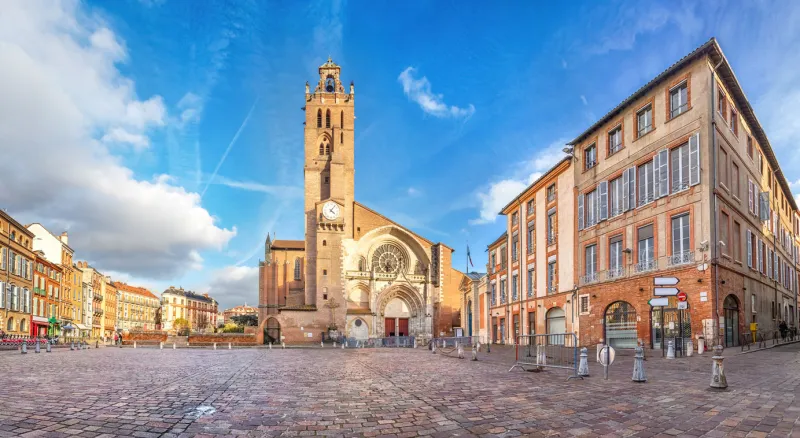panorama of saint-etienne square with saint stephen's cathredal in toulouse, france