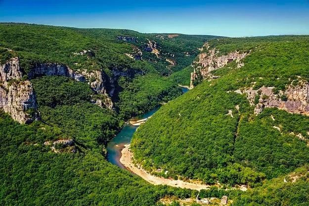 a bend in the ardeche river in gorges de l'ardeche, south-central france
