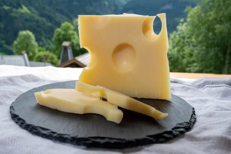 cheese collection, french cow cheese emmental and french mountains village in haute-savoie in summer on background