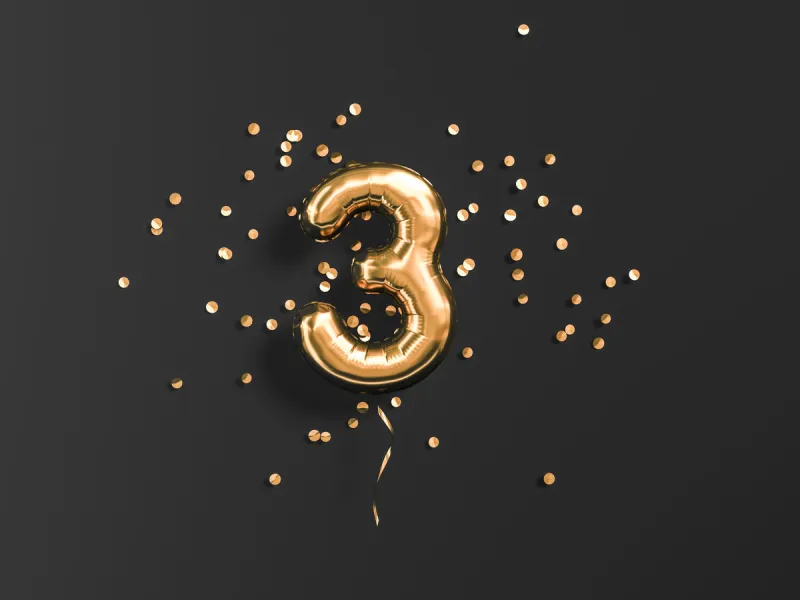 three year birthday number 3 flying foil balloon and gold confetti on black tree-year anniversary background 3d rendering