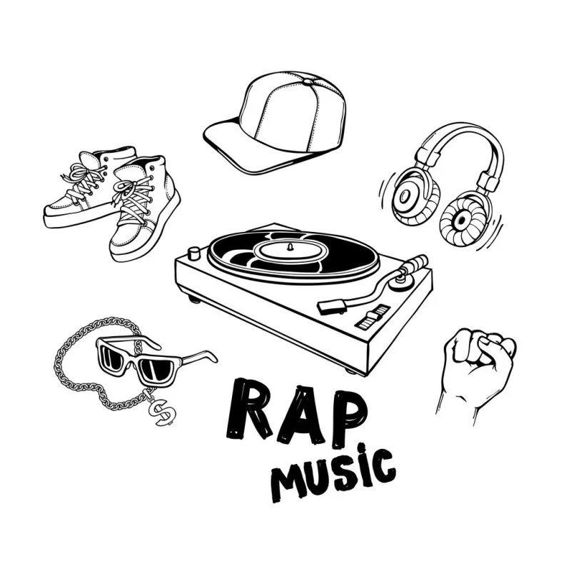 rap music set with vinyl record player and various rapper style clothes and accessories isolated on white background - hand drawn line vector illustration of urban youth culture elements
